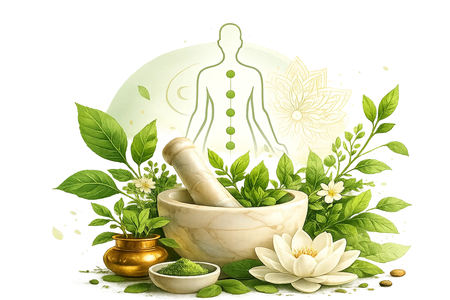 Ayurvedic herbs, mortar and pestle, lotus — representing the science of life